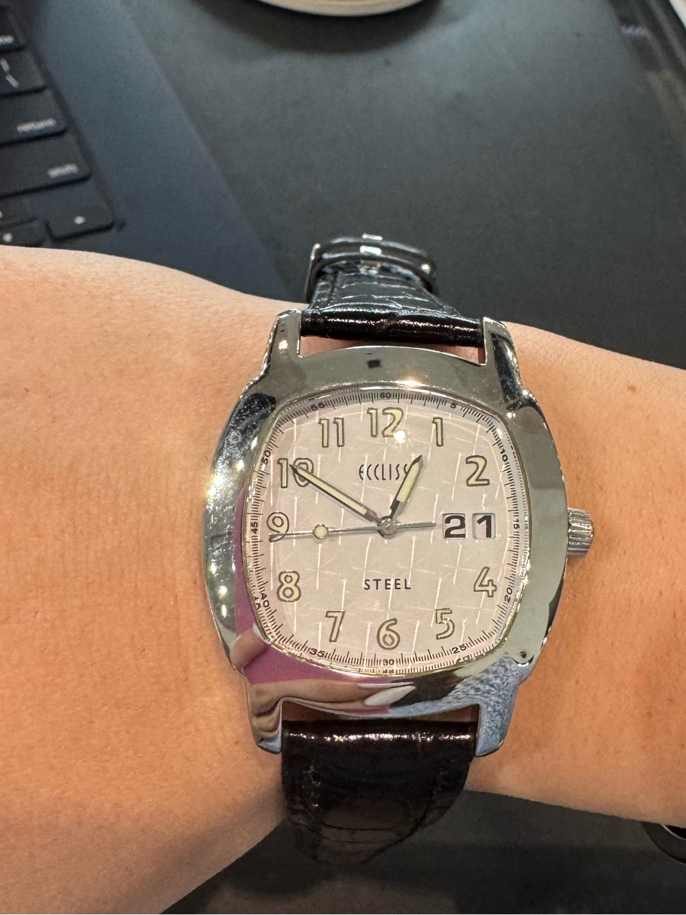 Ecclissi Stainless Cushion Watch with Grid Dial & Date